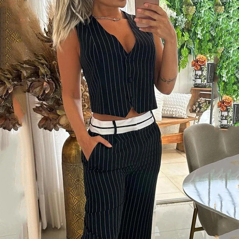 Women's Striped Vest Top Trousers Casual Two Piece Pants Set 3
