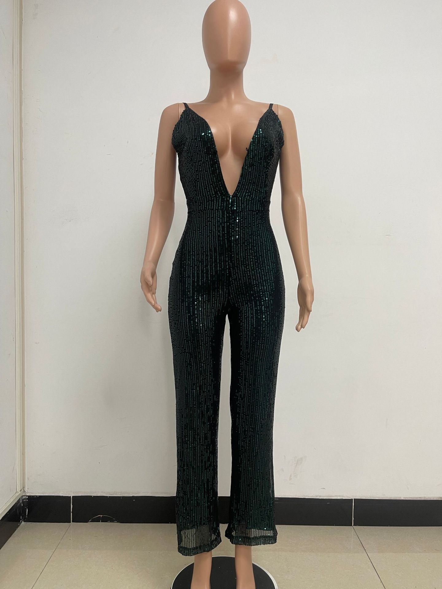 Deep V Neck Low Back Sleeveless Chic Sequined Straps Elegant Women's Party Jumpsuit 82