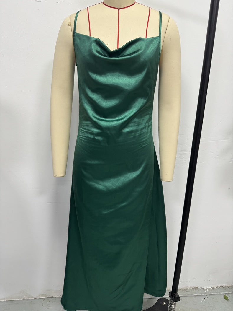 Women Pleated Sleeveless Satin Dress 10