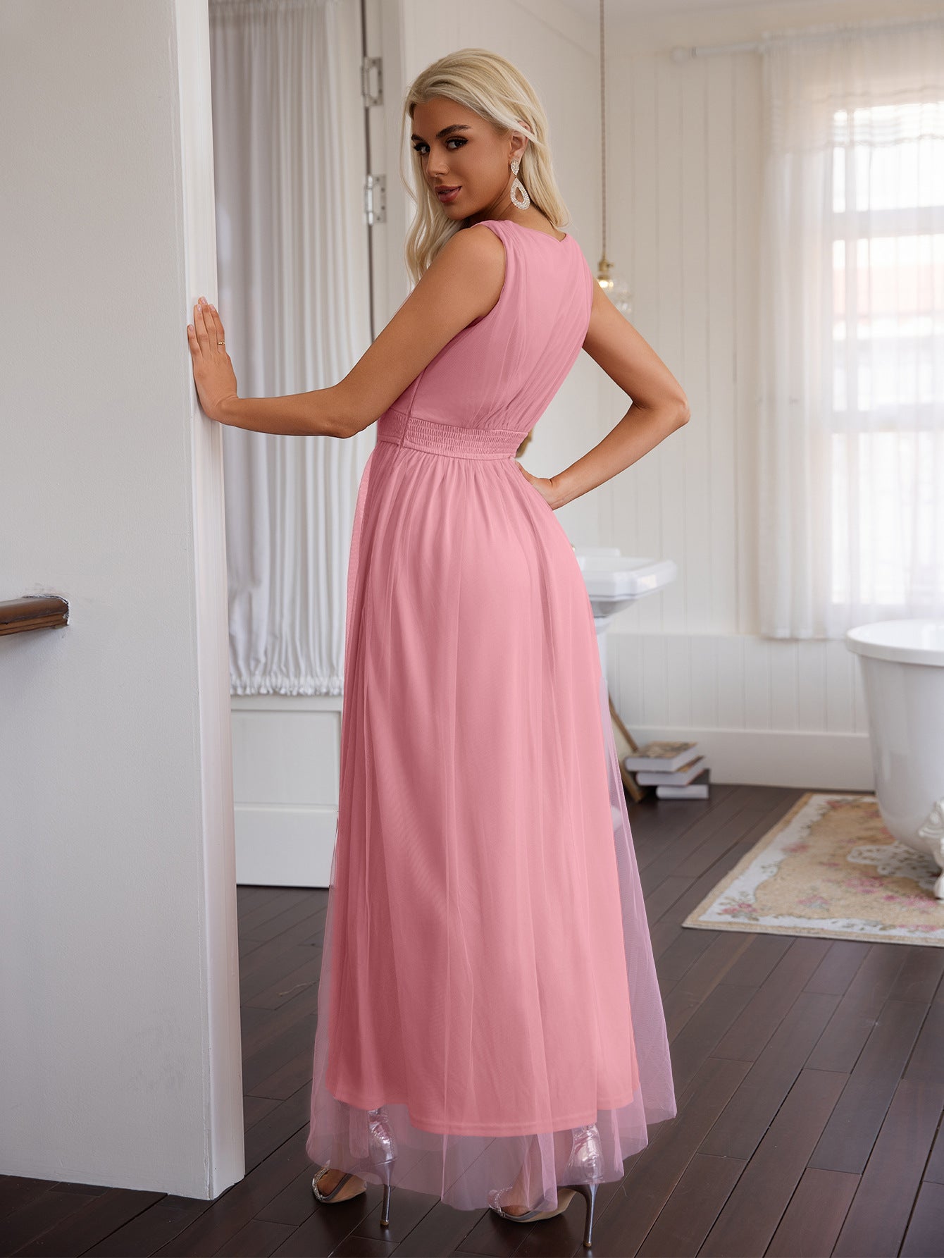 Women solid v-neck mesh dress 3