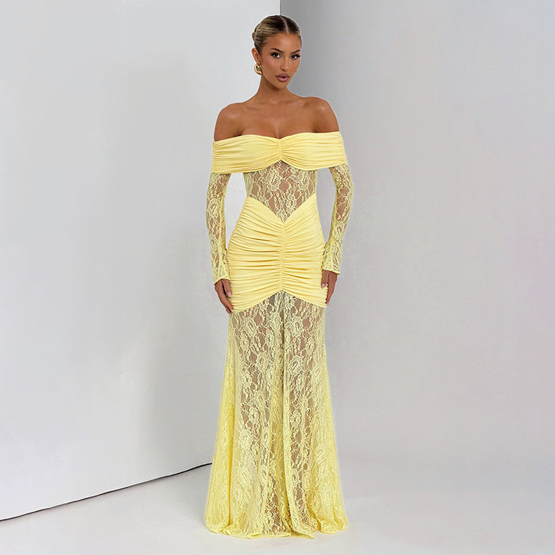 Women's Chic Lace Patchwork Off-Shoulder Slit Long Sleeve Ruffle Maxi Dress