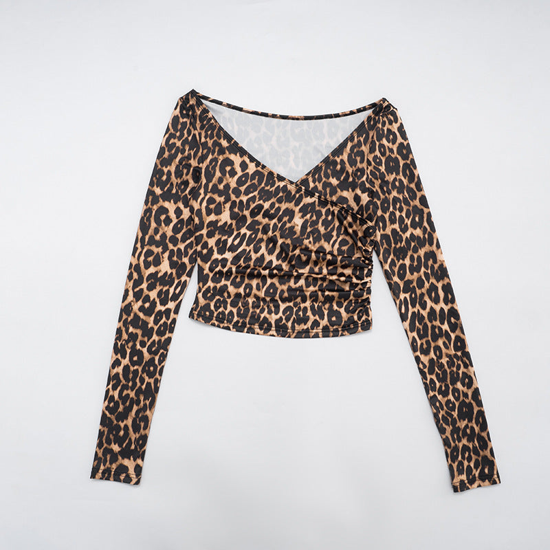 Women's Autumn Winter Leopard Print Off Shoulder Deep V-Neck Finger Sleeve High Waist Pants Set 12