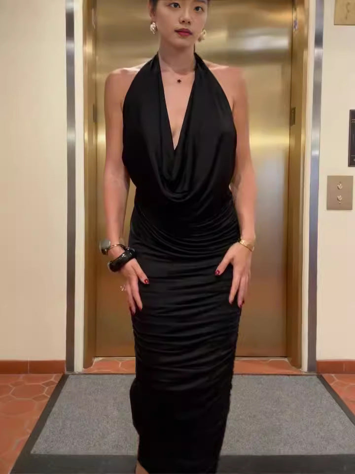 Summer Sexy Women's Halter Neck V-Neck Low Back Pleated Solid Color Chic Long Dress 5