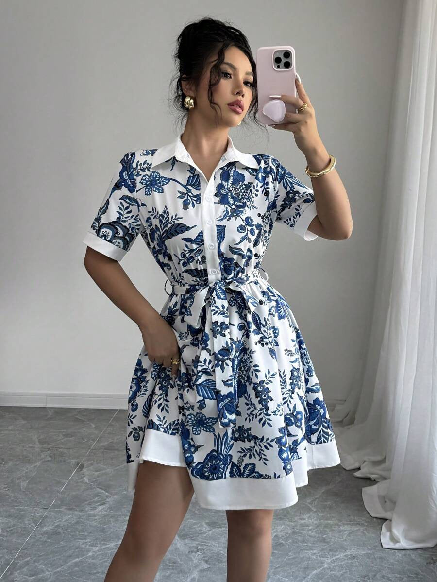 Fashion Slim Waist Printed Belt Short Sleeve Dress 5