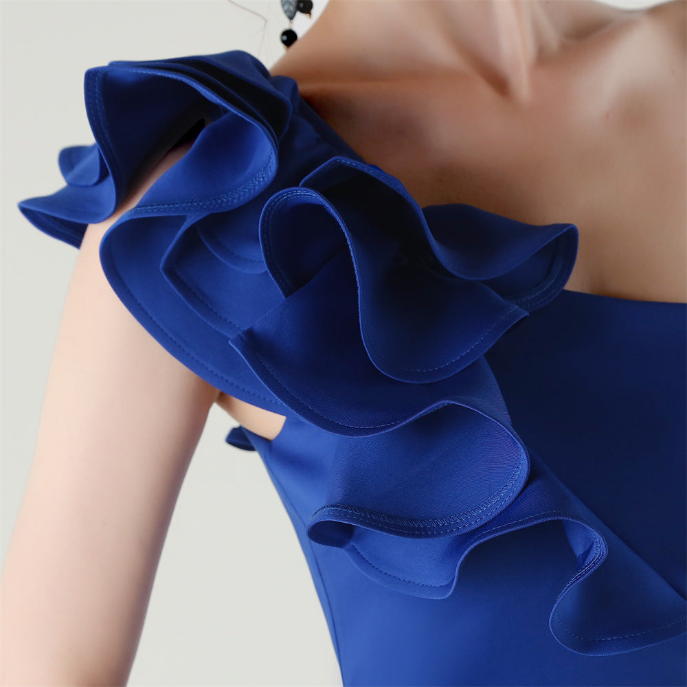 Women One-Shoulder Beaded Wool and Floral Satin Slit Sexy Evening Dress 64