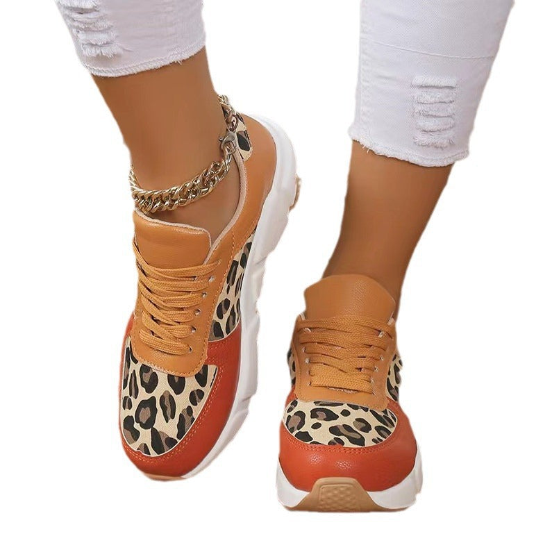 Women's Autumn And Winter Thick Bottom Round Toe Lace Leopard Print Casual Shoes Plus Size Sports Shoes 7