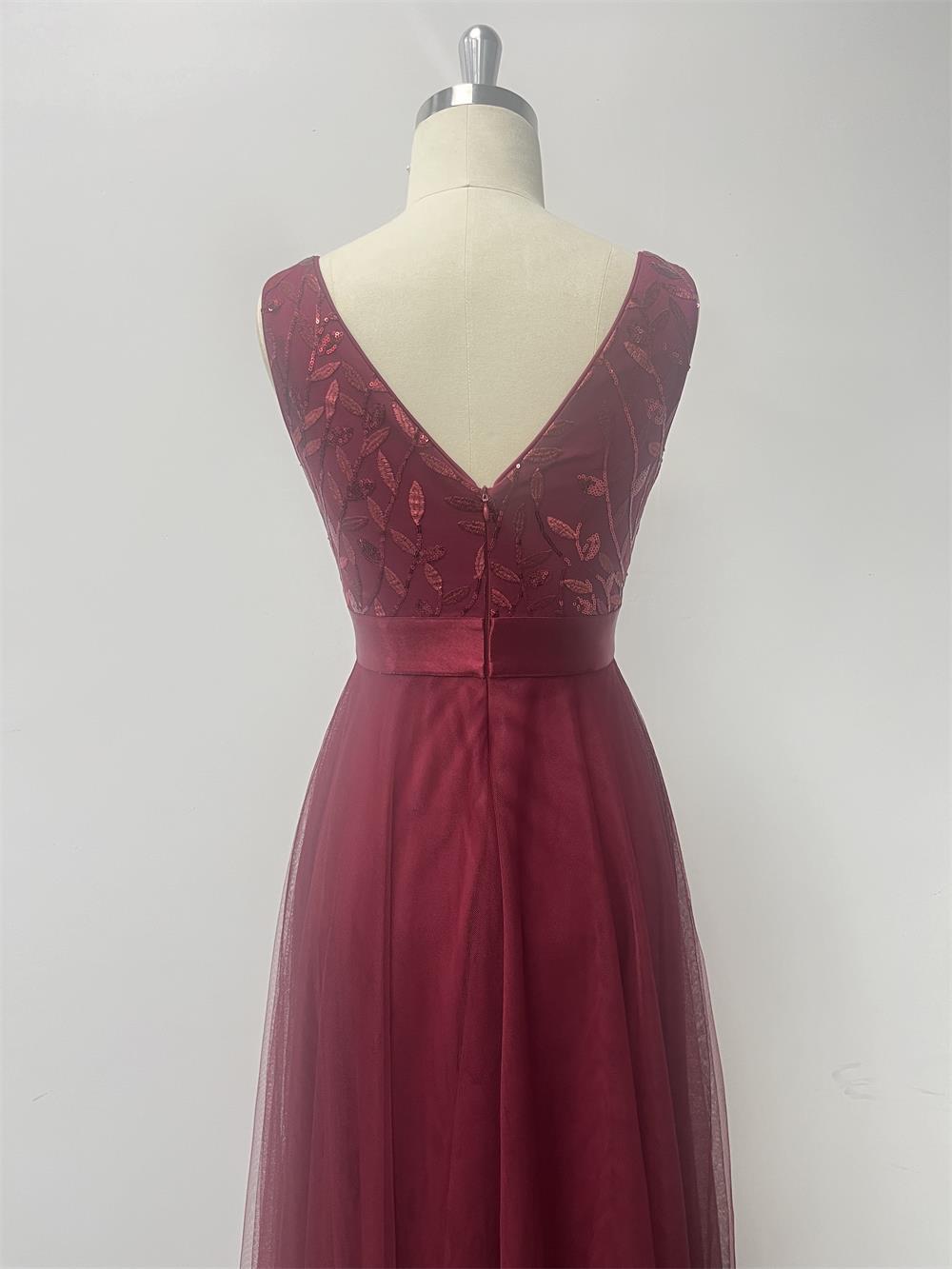 Patchwork Elastic Waist Sleeveless Double V Neck Evening Gown with Embroidered Tulle Elegant Long Swing Party Dress 19