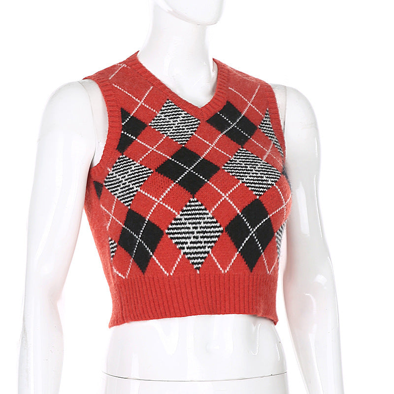 Women Solid Plaid Sleeveless V-Neck Sweater 34