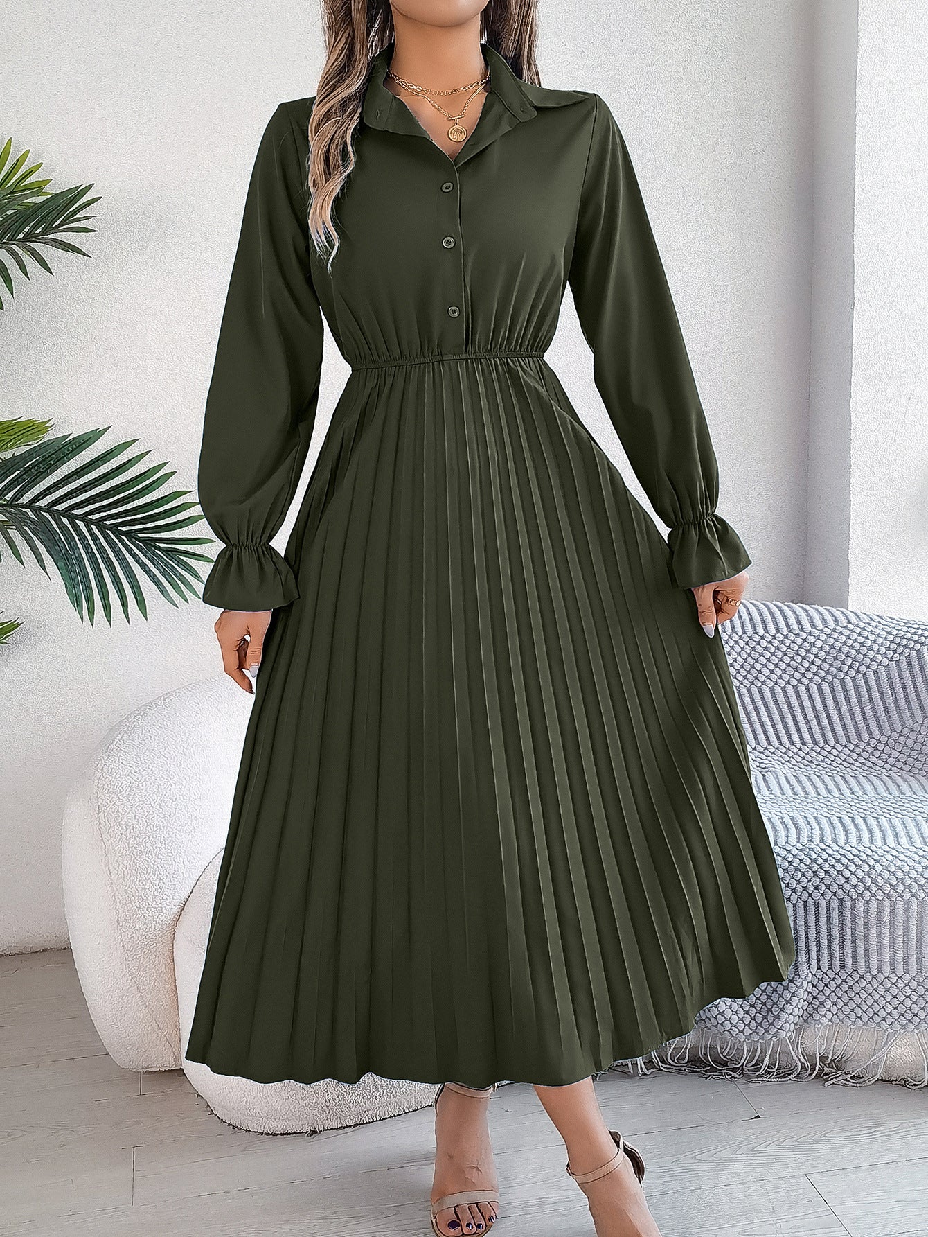 Autumn Winter Casual Turndown Collar Button Long Sleeve Slim Waist Pleated Women's Long Dress 6