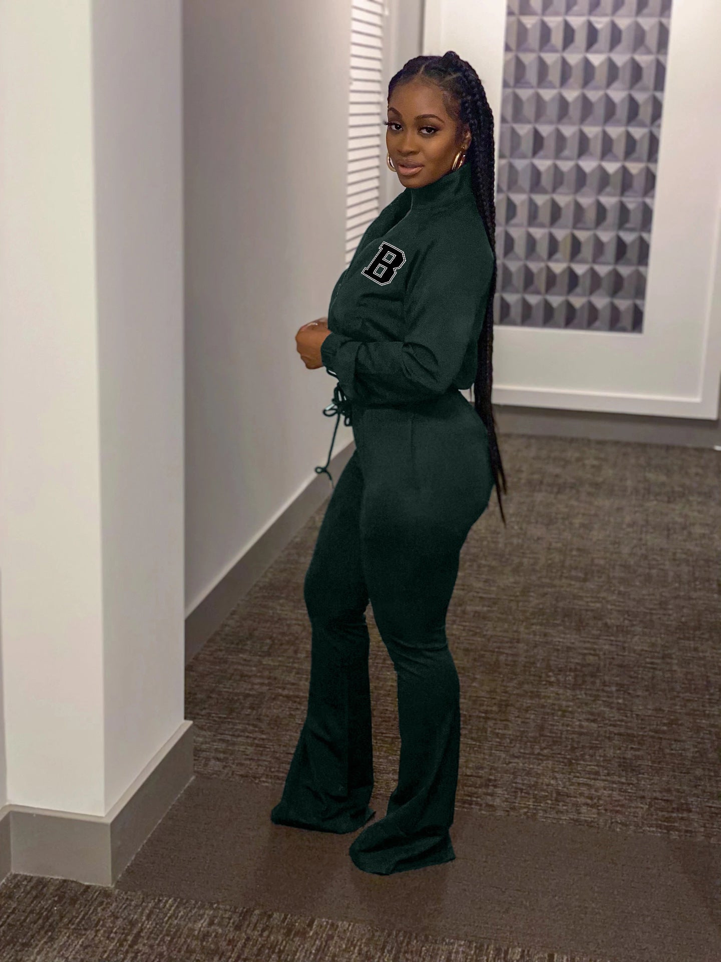 Women Sports Casual Letter B Print Zip Long Sleeve Top+ Pants Two Piece 5