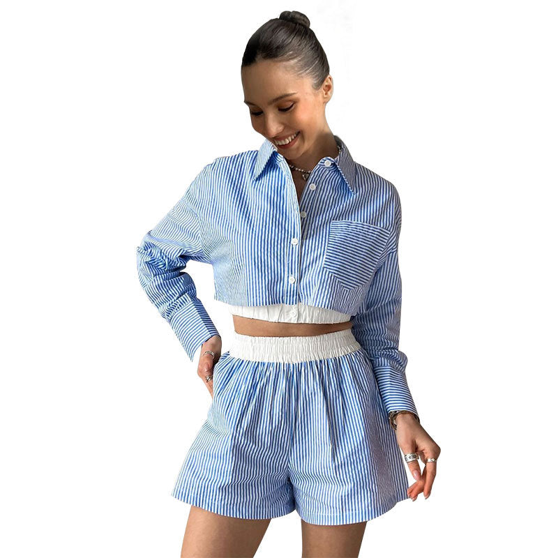 Fashion Casual Women Summer Striped Long Sleeve Shirt Elastic Waist Shorts Two-Piece Set 7