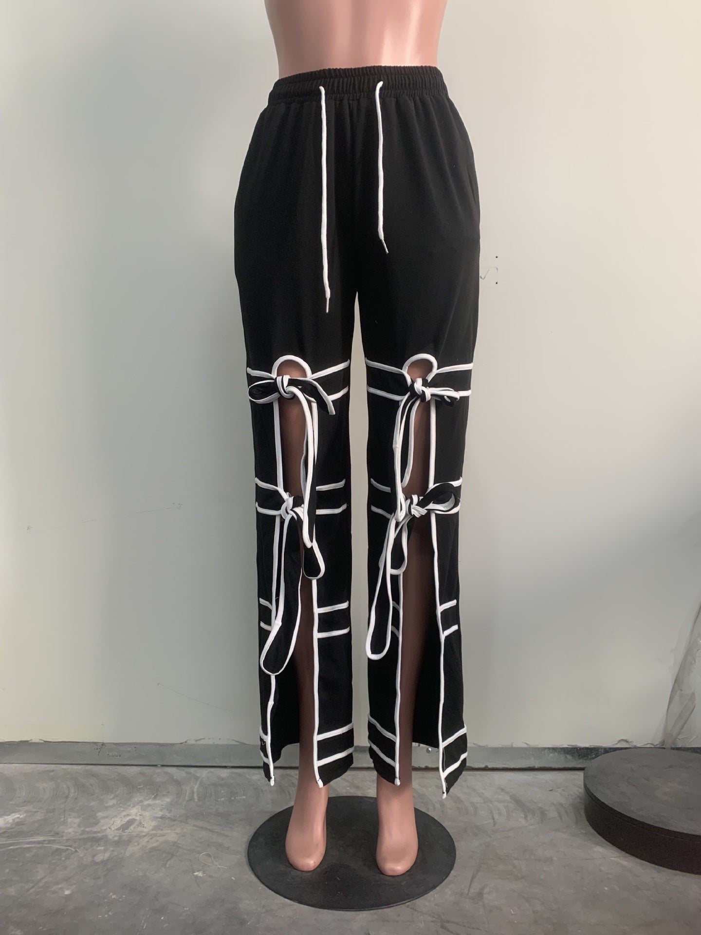 Women Solid Patchwork Lace-Up Casual Pants 16