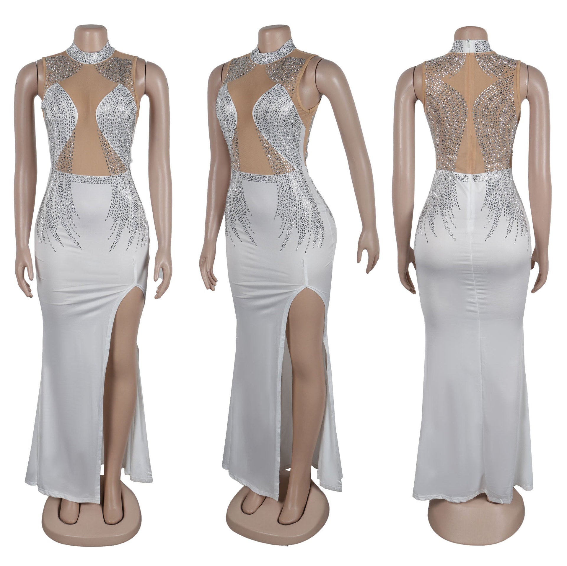 Women Beaded Mesh See-Through Patchwork Sleeveless Slit Dress 20