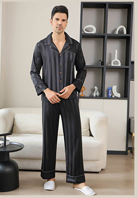 Ice Silk Couple's Pajamas Set Long Sleeve Nightwear for Men & Women 4
