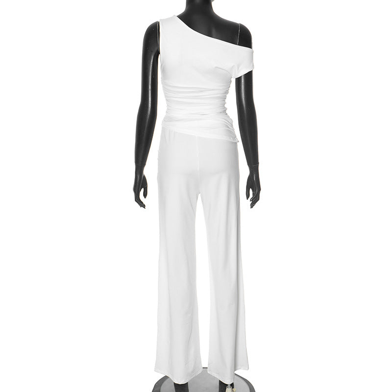 Women's Spring Summer Slash-Shoulder Gathered Waist Top Loose Pants Set 11