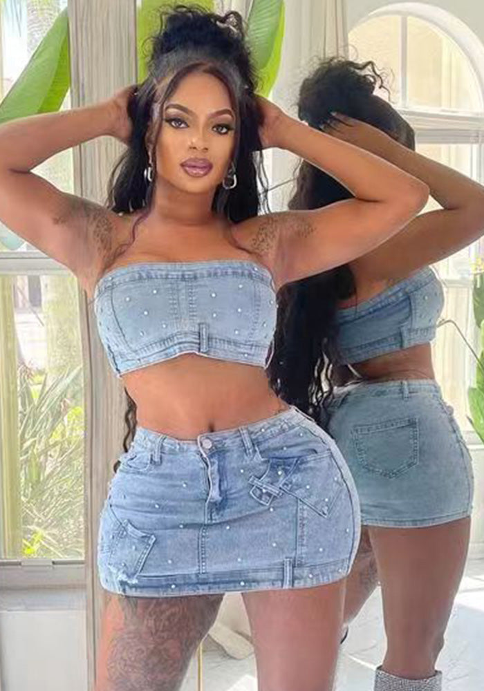Fashionable Women's Clothing Beaded Strapless Stretch Denim Two Piece Skirt Set