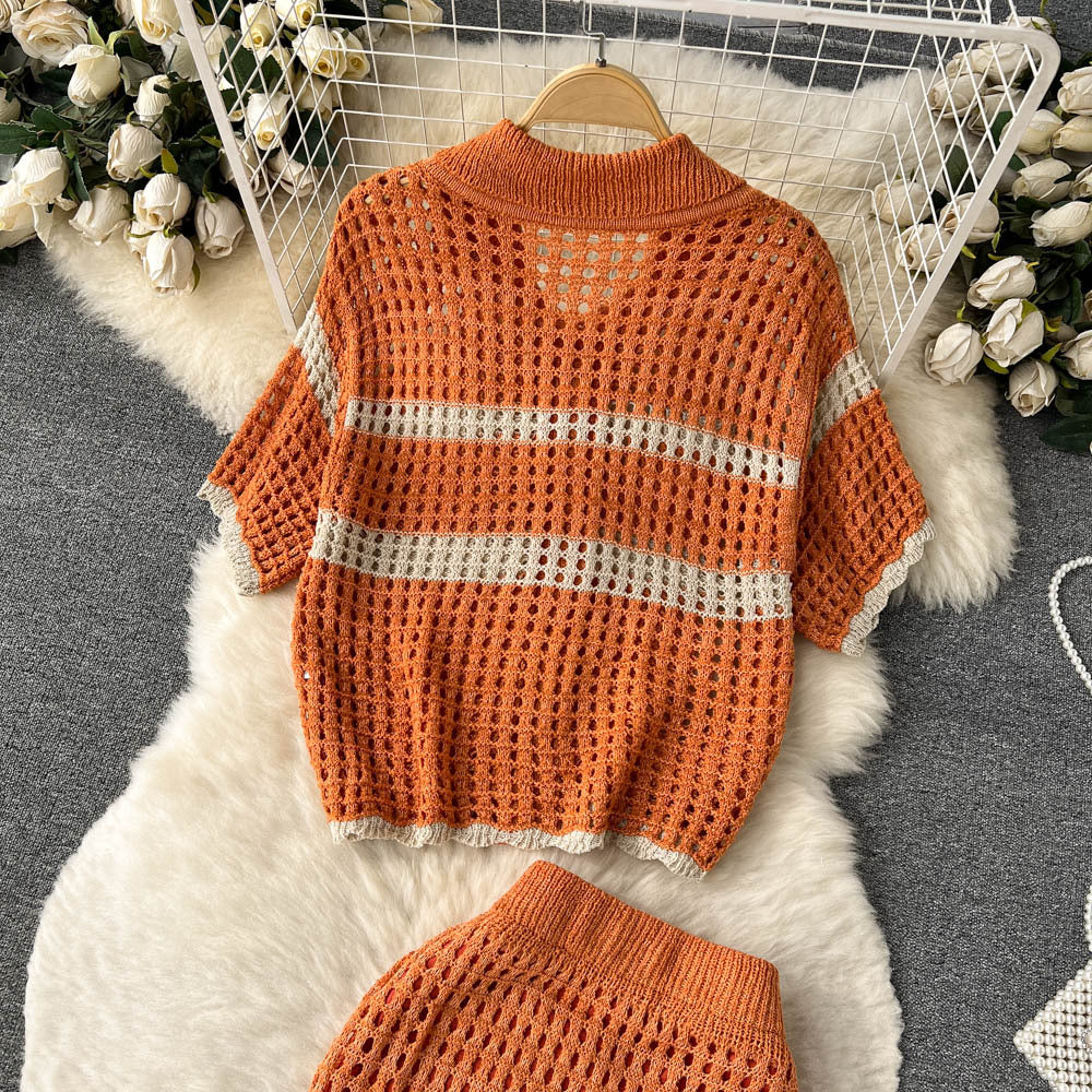 Spring/Summer Holidays Set for Women Turndown Collar Short-Sleeve Loose Top + Slit Skirt Two-Piece Set 11