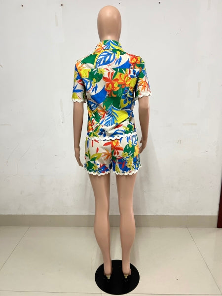 Women casual print wave lace short-sleeved shirt and shorts two-piece set 5