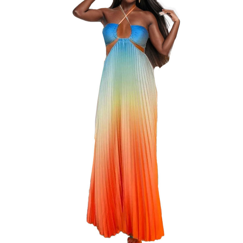 Women summer gradient Halter Neck pleated beach Holidays Maxi Dress 12