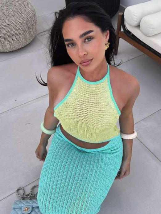 Women Summer Sexy Contrast Halter Neck Camisole Knitting Cutout Skirt Two-Piece Set 5