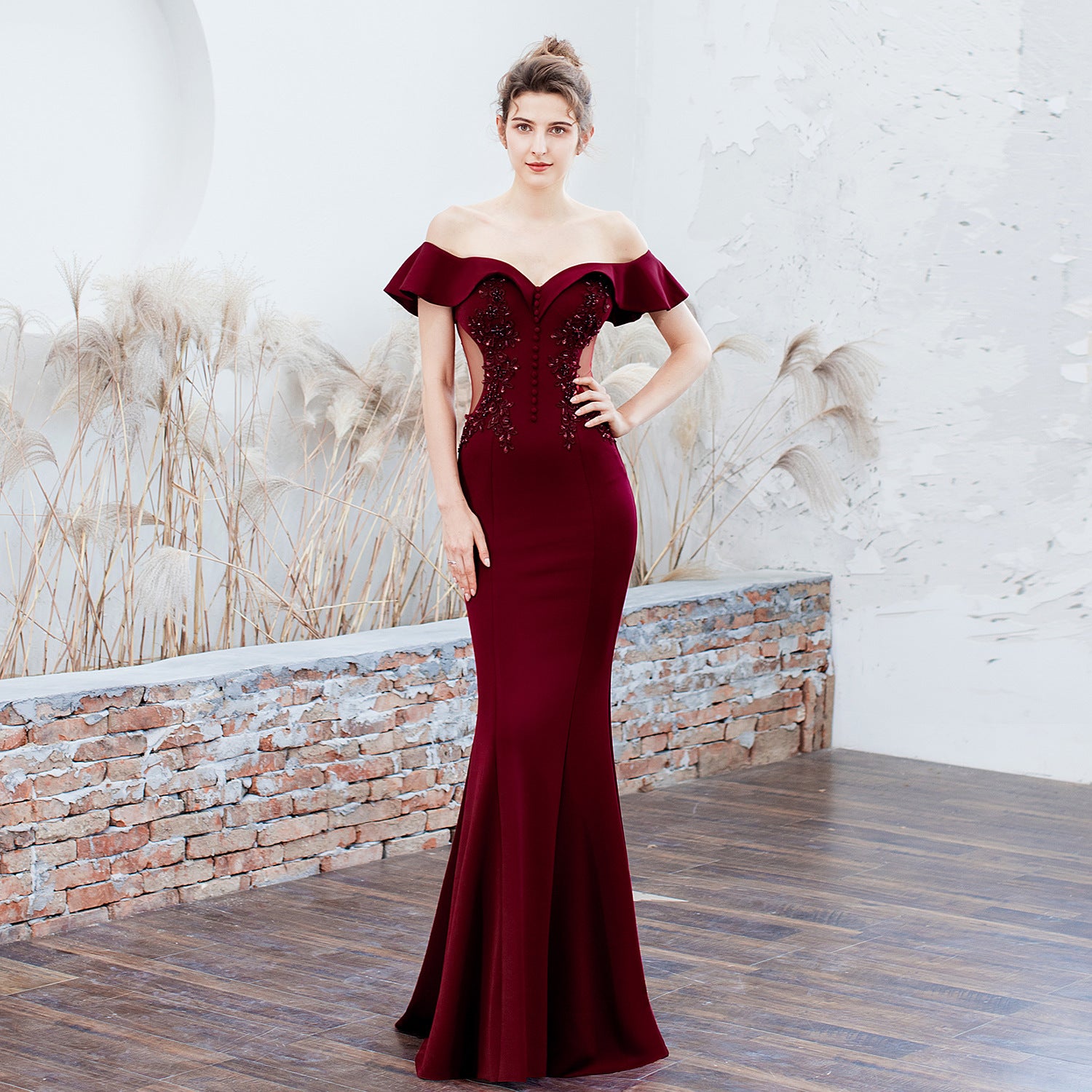 Women Red Off Shoulder Fishtail Evening Dress 8