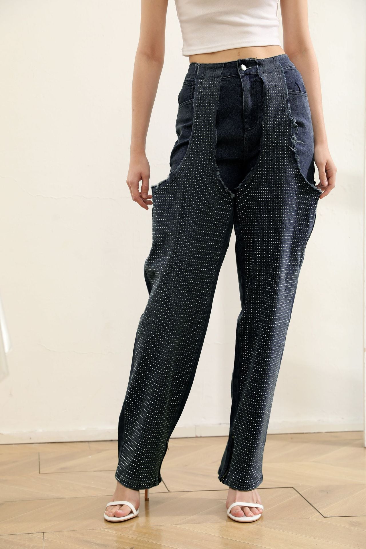 Fashion Irregular hollow Patchwork zipper Beaded elastic Denim pants 3