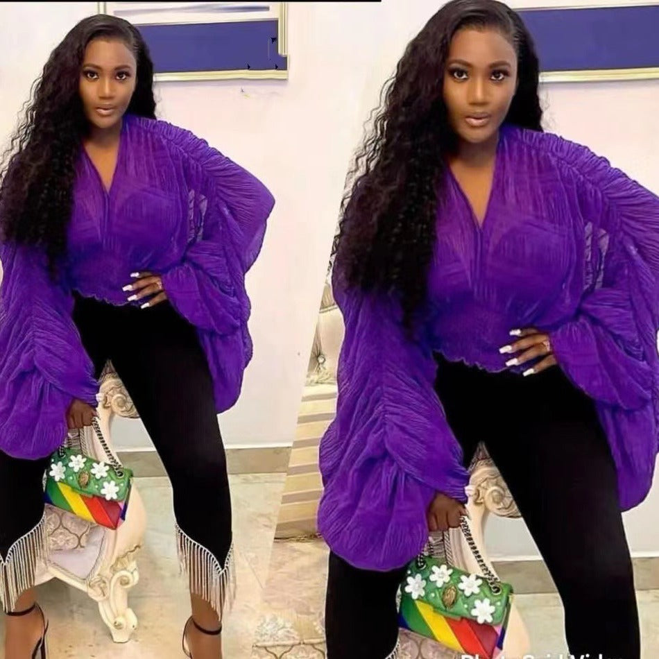 Pleated Puff Sleeves Slim Short Fashionable Chiffon Shirt Tops 14