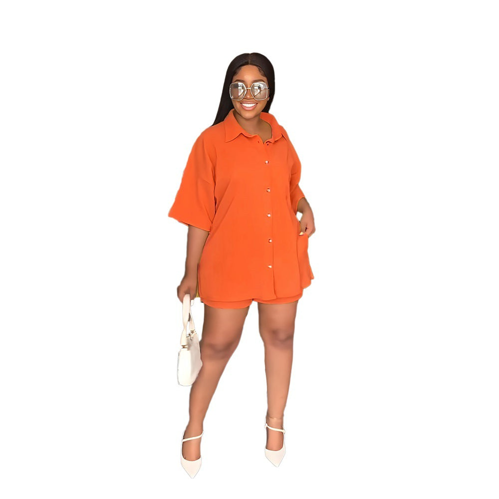 Solid Turndown Collar Long Shirt Casual Shorts Set Women's Two Piece 8