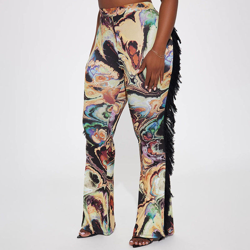 Women Autumn/Winter Multi-Color Printed Fringed Patchwork Pants 13