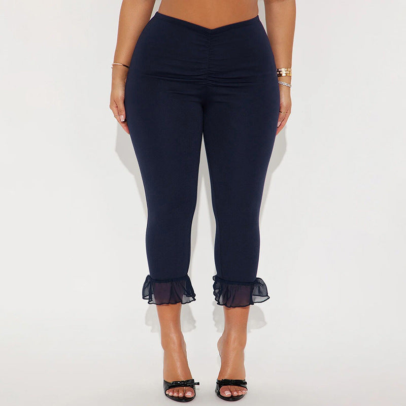 Women's Spring and Summer Ruffled V Waist Solid Color Elastic 7-point Casual Pants 4