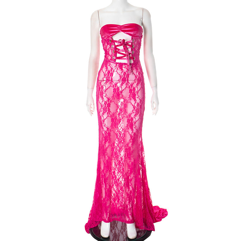 Women Mesh Lace-Up Strapless Dress 14