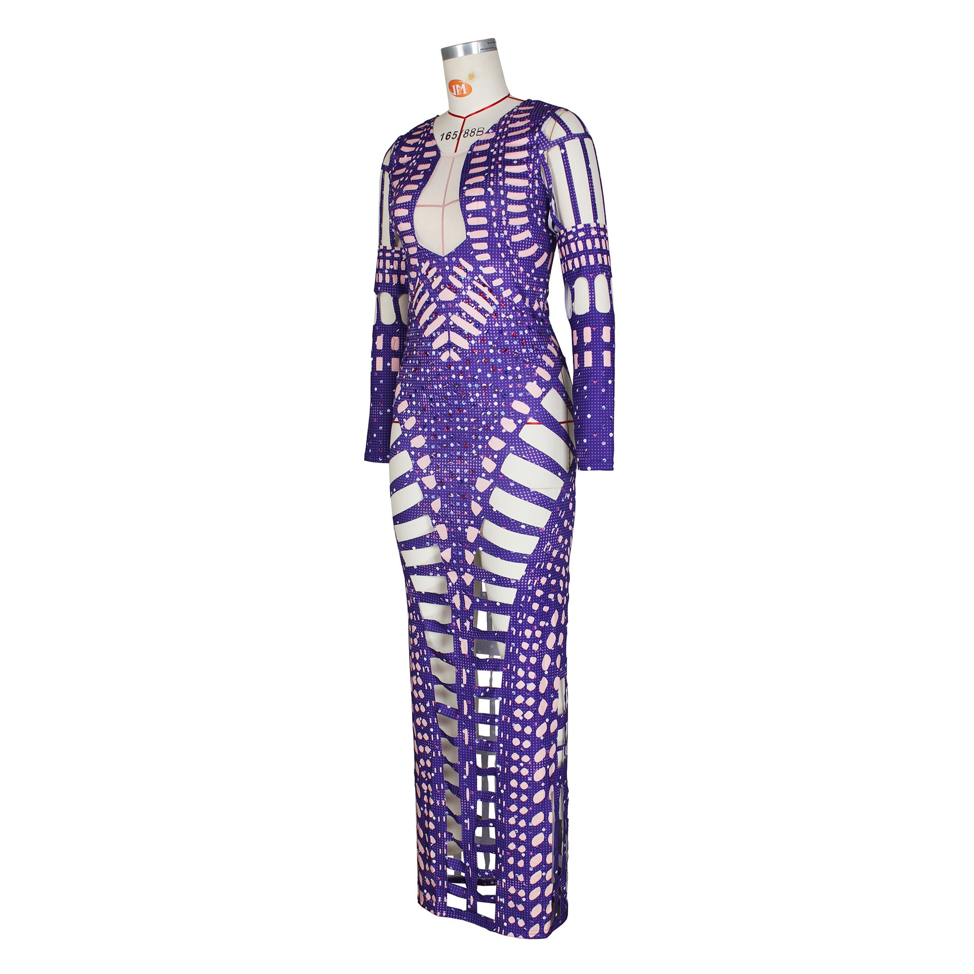 Women's Sexy Ripped Tight Fitting Hollow Out Beaded Print Maxi Dress 15
