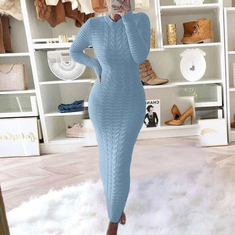 Autumn And Winter Women's Fashionable Long-Sleeved Knitted Sweater Dress 12