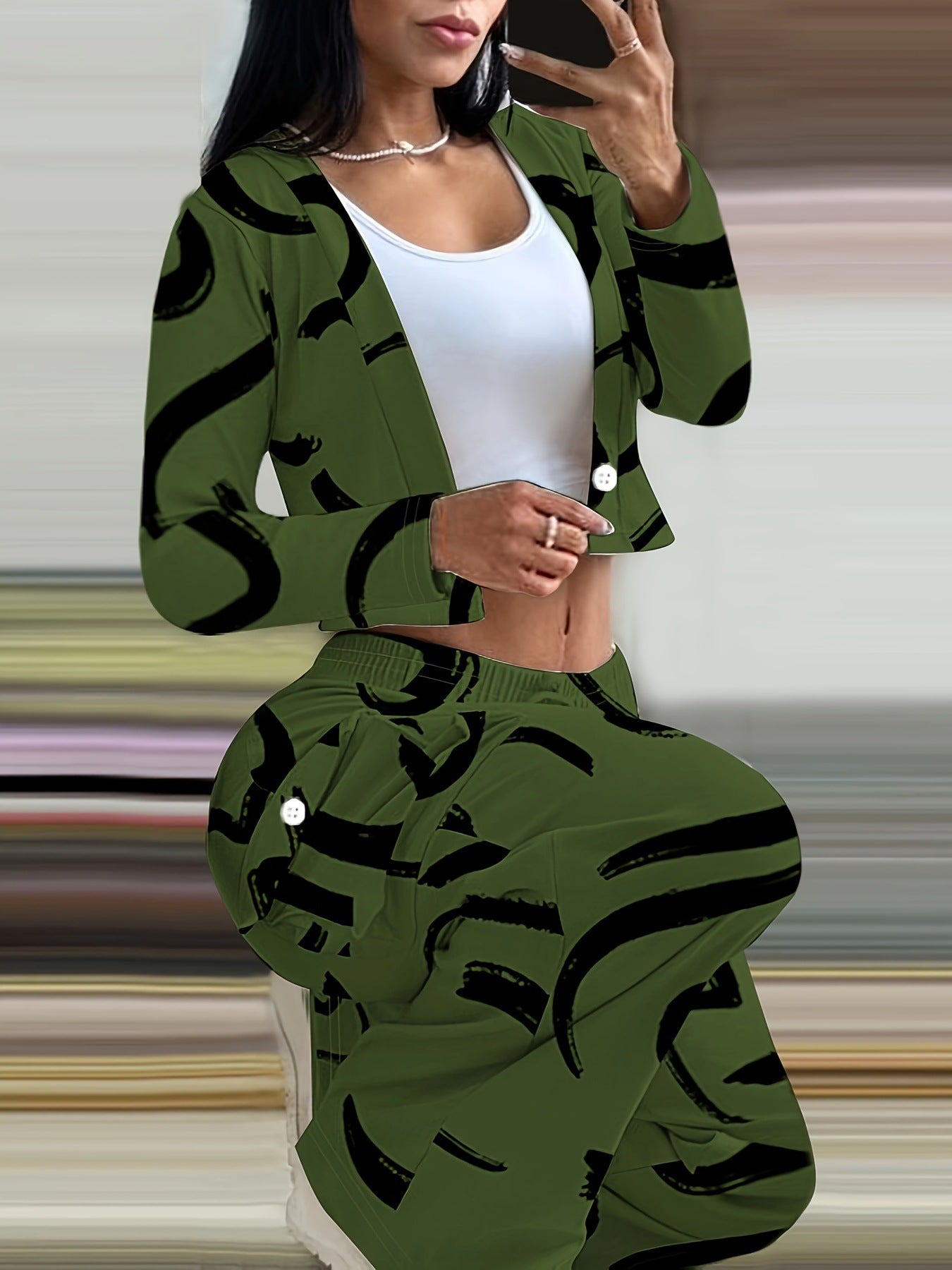 Women Autumn and Winter Geometric Line Print Casual Sexy Short Top and Pant Two-piece Set 26