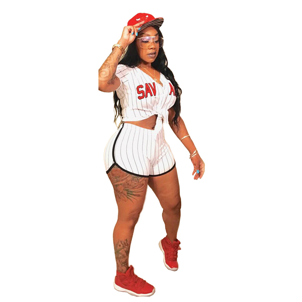 Women Sexy Women Striped Letter Baseball Top and Skirt Two-piece Set 59