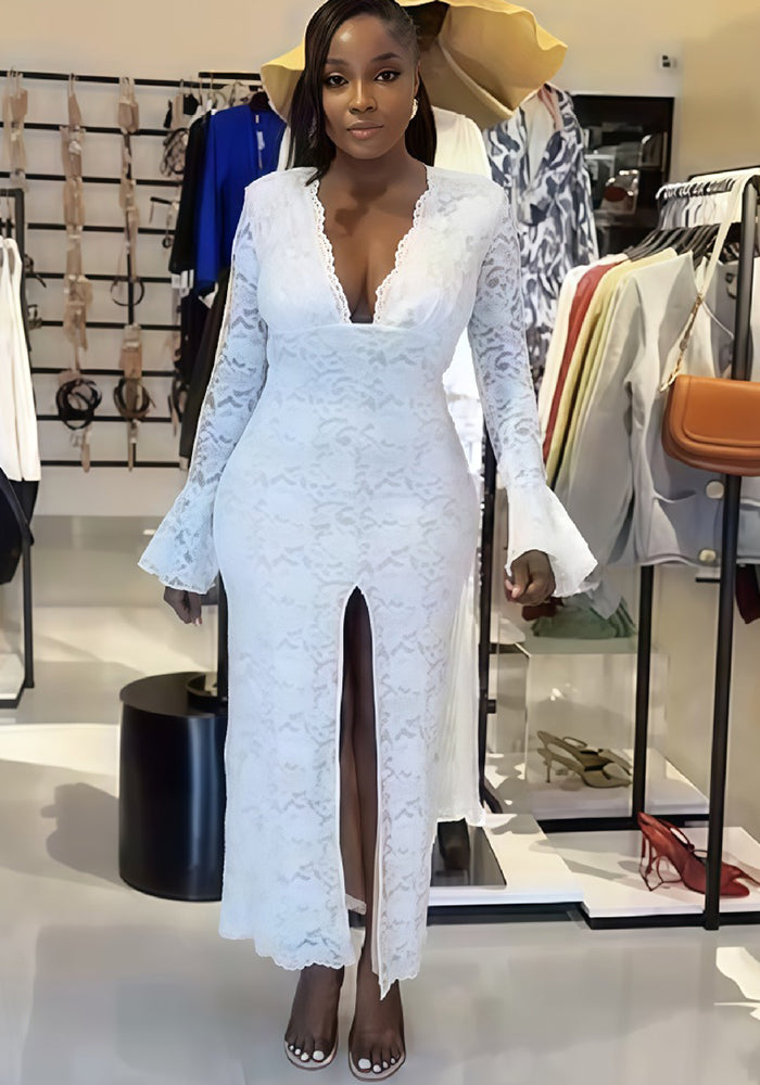 Spring Lace V Neck Bell Sleeve Slit Dress