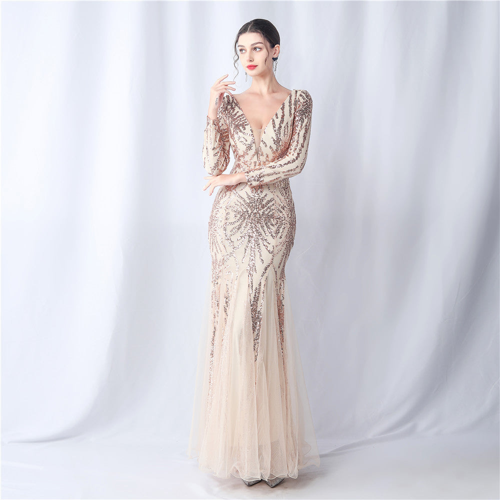 Women mesh sequin wedding dinner long-sleeved evening dress 15