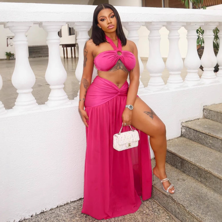 Women Hot and Sexy Halter Neck Strapless Top Slit Skirt Two-piece Set 3