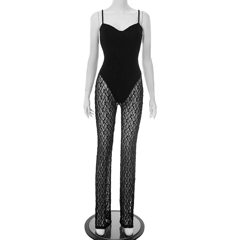 Women Sexy Lace Strapless Suspender Backless Mesh Jumpsuit 6