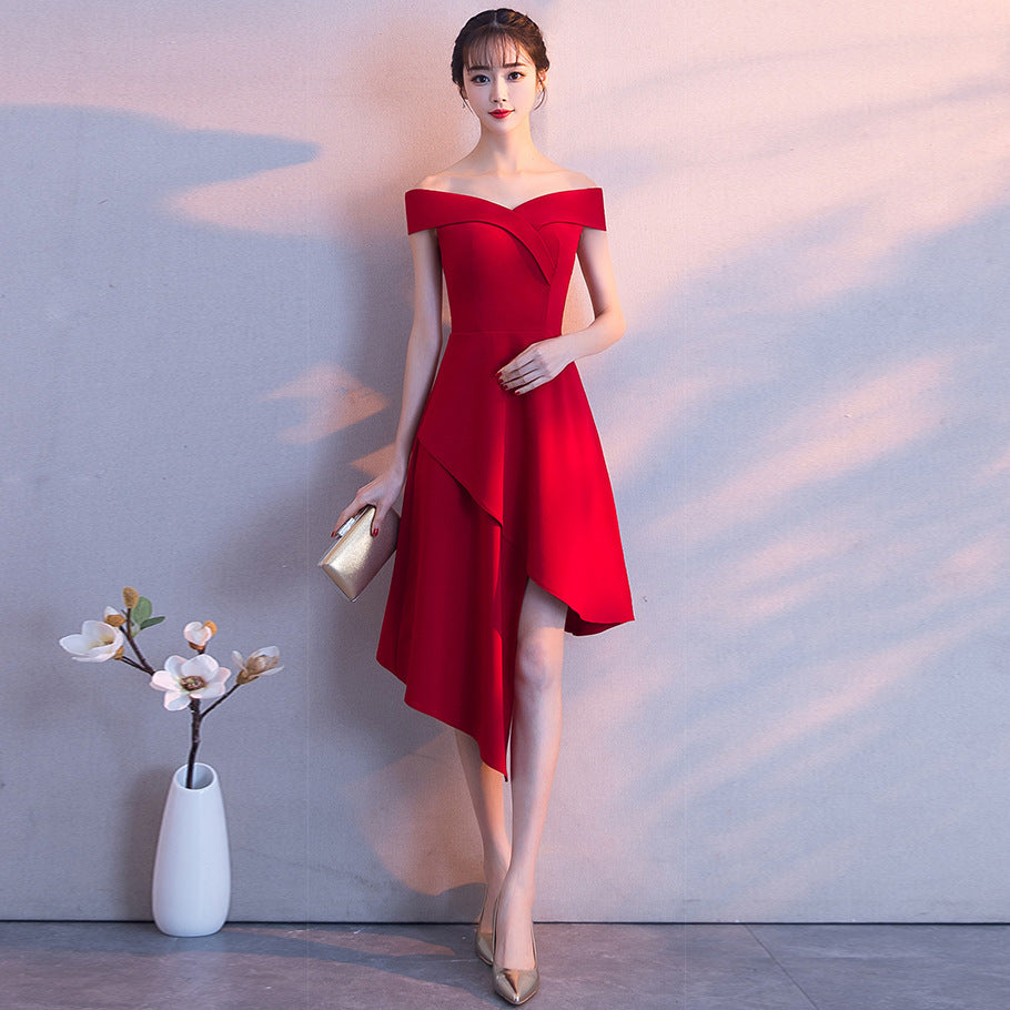 Evening Dress Winter Short Formal Party Dress Women'S Fashion Off Shoulder Solid Irregular Bridesmaid Dress