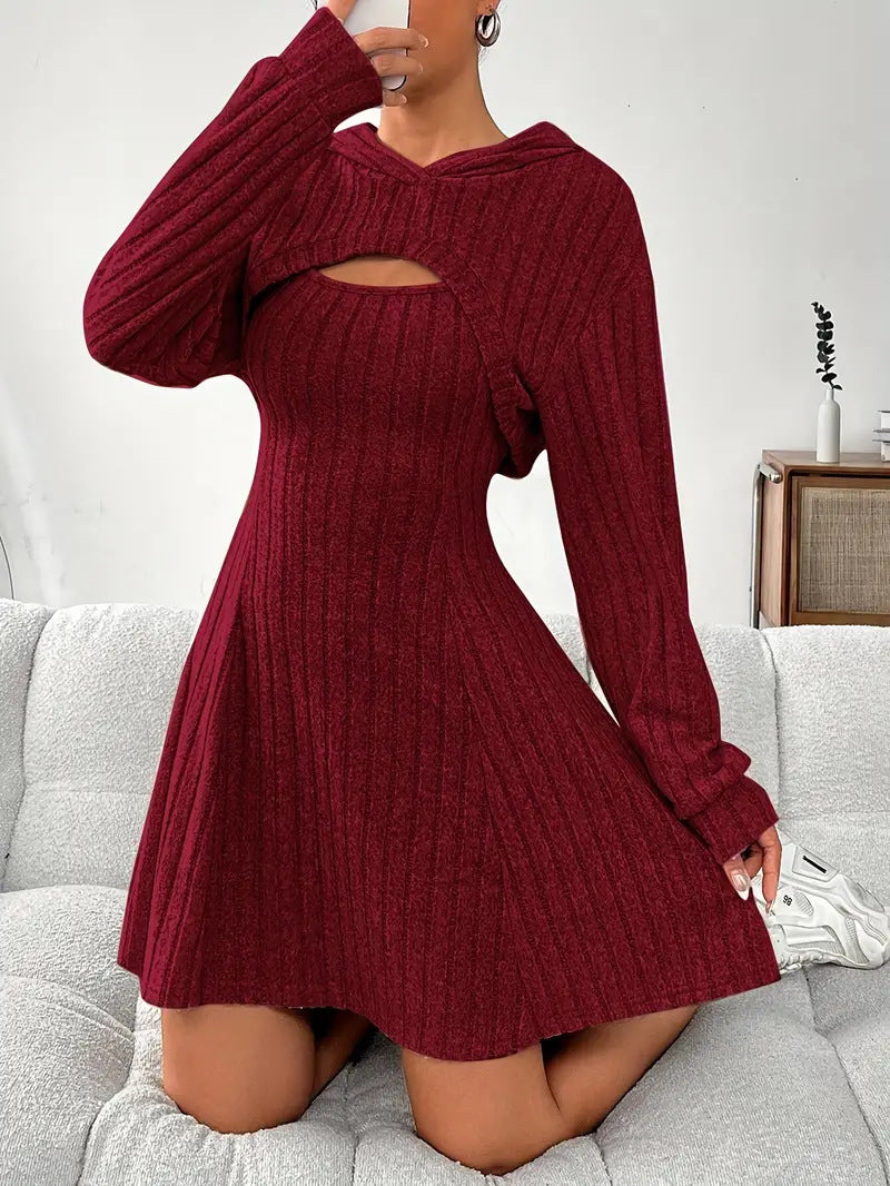 Long Sleeve Hoodie Top and Strap Square Neck A-Line Dress Set 14