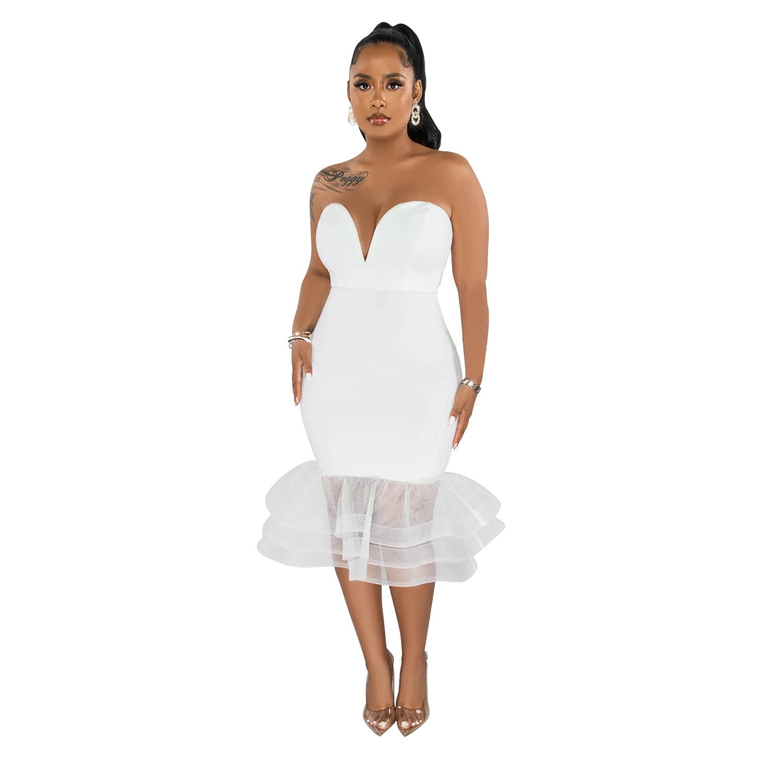 Women's Solid Color Sexy Strapless See-Through Mesh Bodycon Dress 13