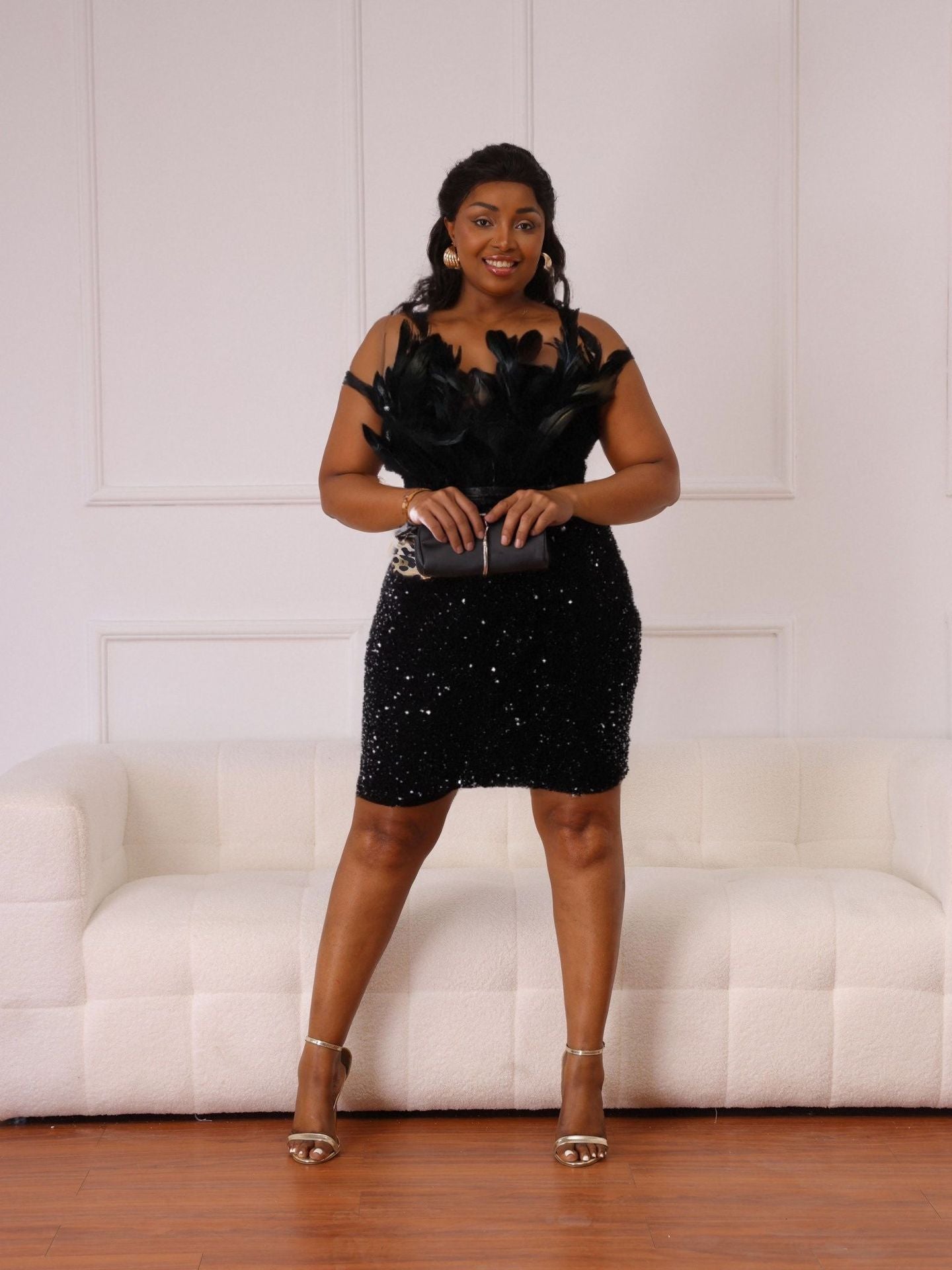 Women sleeveless sexy sequined Stretchy feather Strapless Bodycon Dress 5