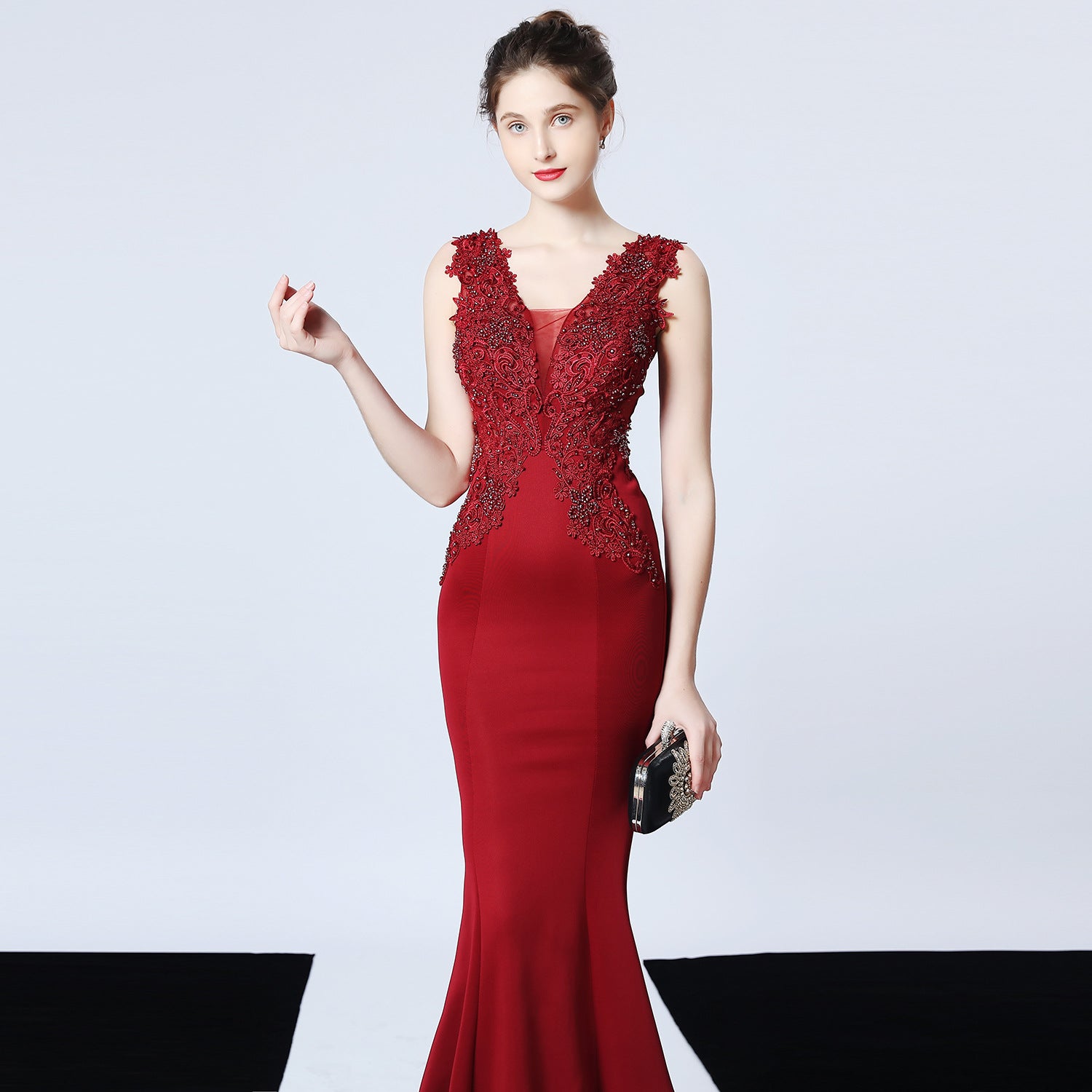 Formal Sleeveless V-Neck Beaded Mermaid Evening Dress 4