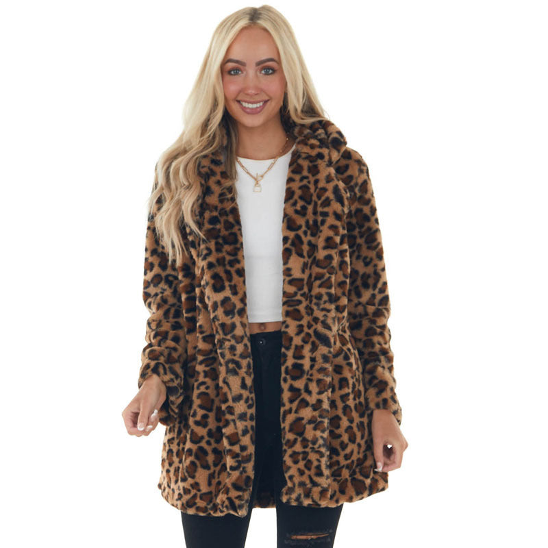 Autumn Winter Leopard Print Women'S Fashion Chic Faux Fur Loose Jacket With Pockets 3