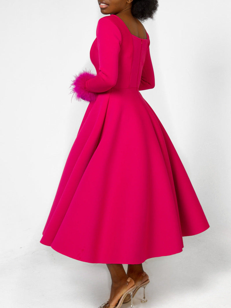 Winter Chic Elegant Fur Decorated Long Sleeve A-Line African Party Dress 8