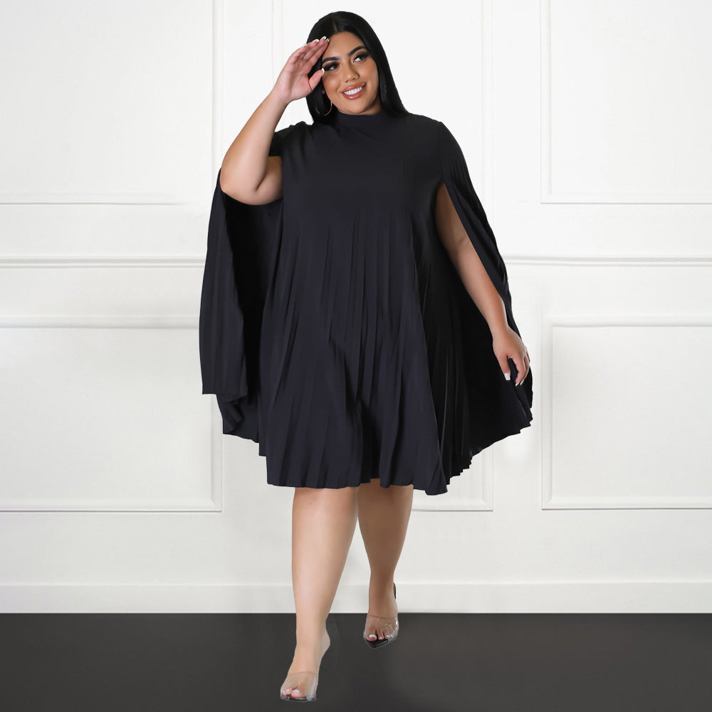 Plus Size Women Bell Bottom Sleeve Pleated Dress 3