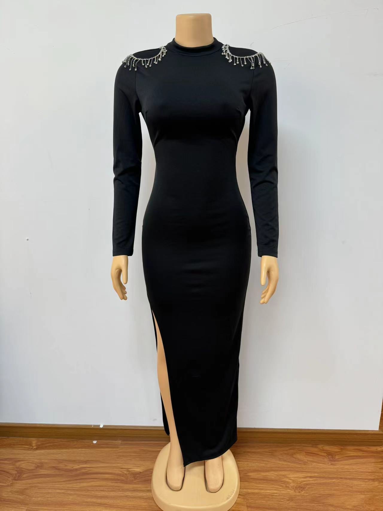 Women Half Turtle Neck Long Sleeve Solid Rhinestone Backless Slit Dress