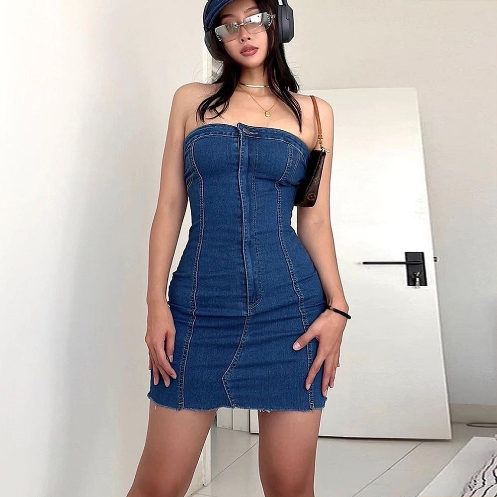 Summer Sexy Strapless Slim Denim Dress For Women 4