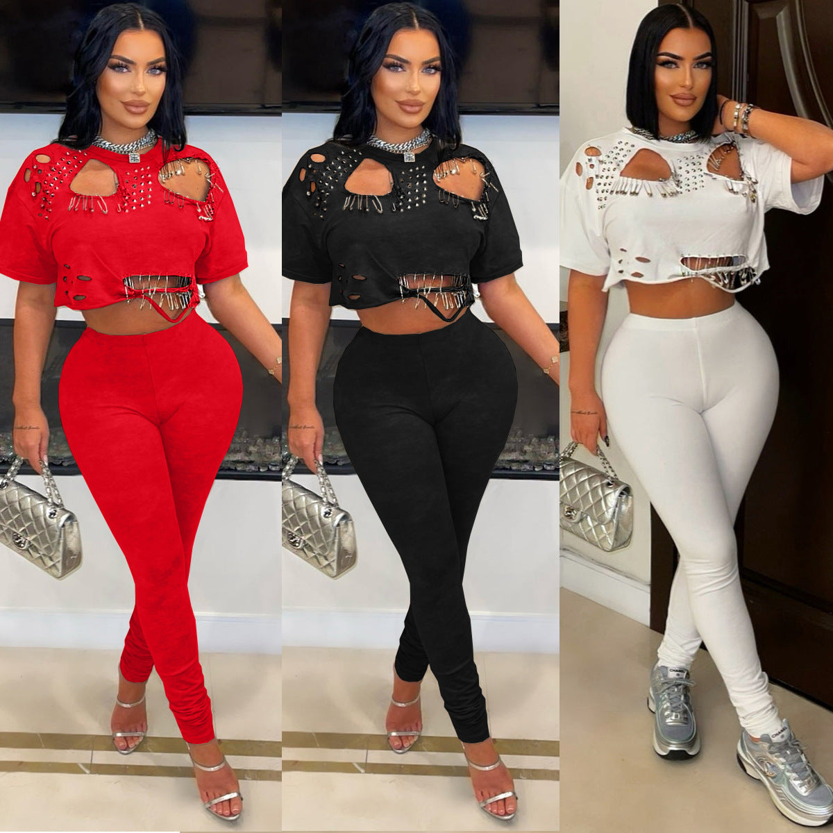 Spring/Summer Casual Ripped Pin Short Sleeve T-Shirt Pants Set 5